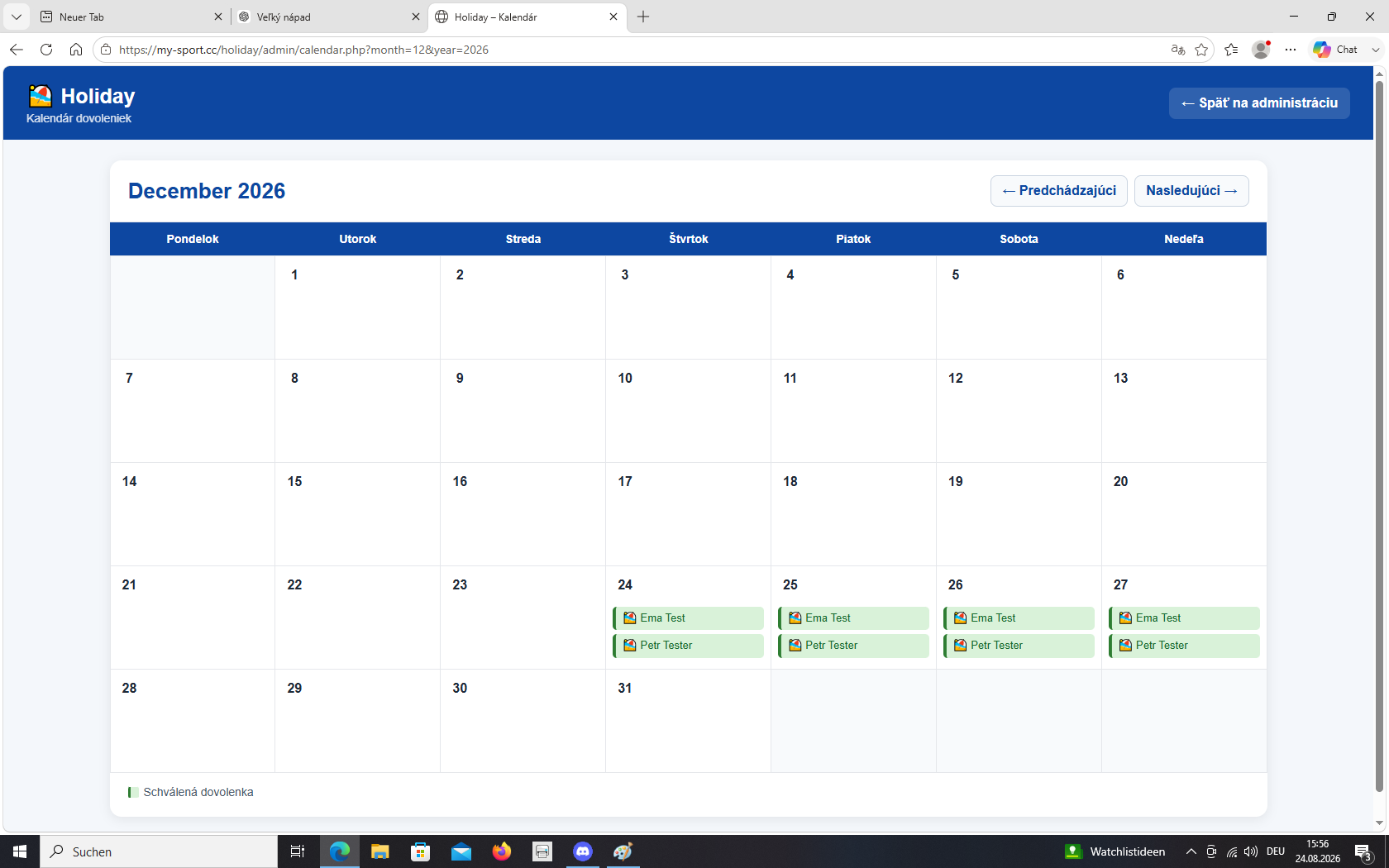 Holiday Manager – kalendár dovoleniek administrátora