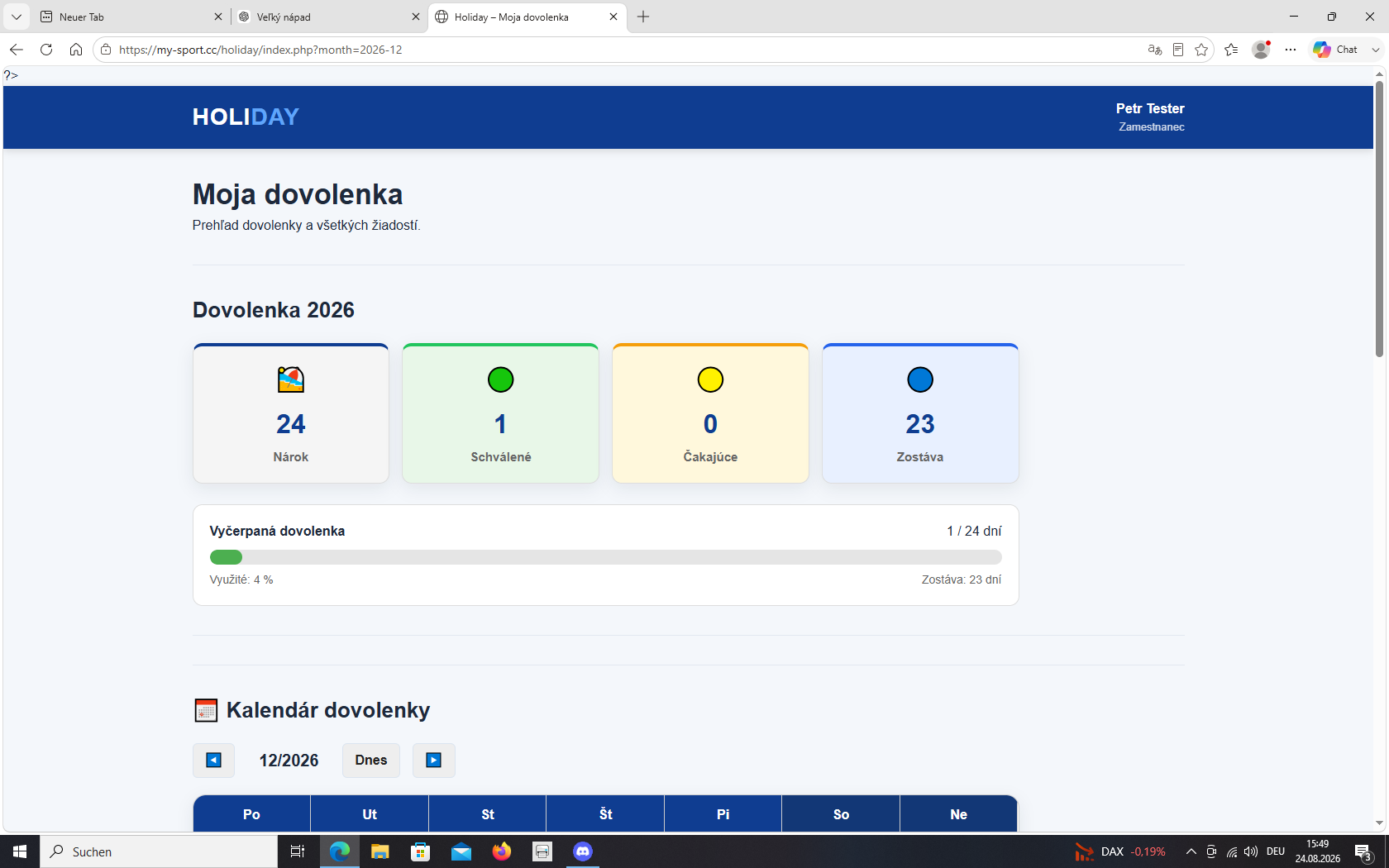 Holiday Manager – hlavná stránka zamestnanca